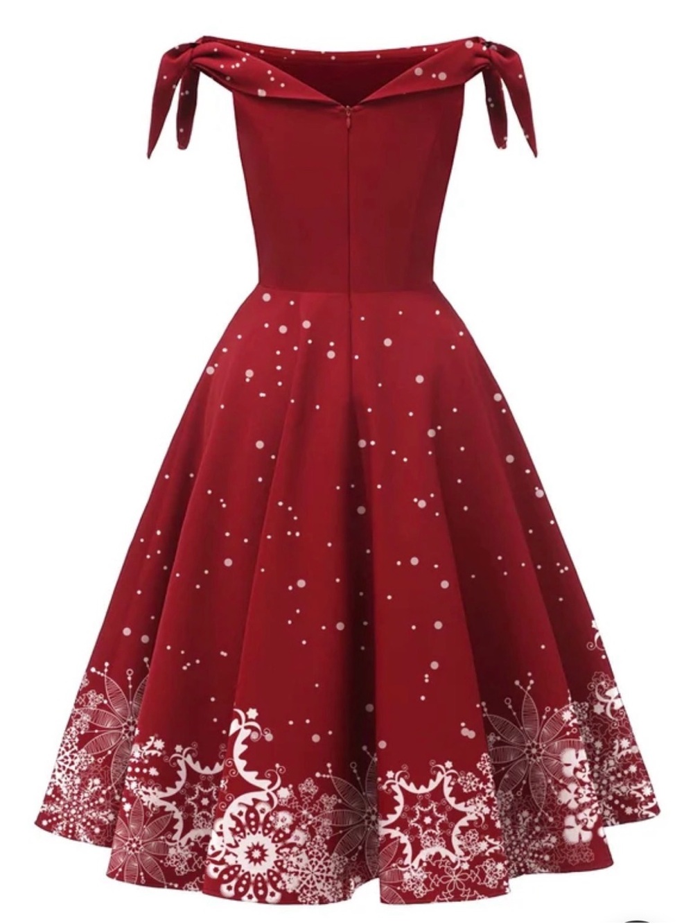 Off-Shoulder Red Fit-and-Flare Dress with Snowflake Detail - Picture 2 of 4